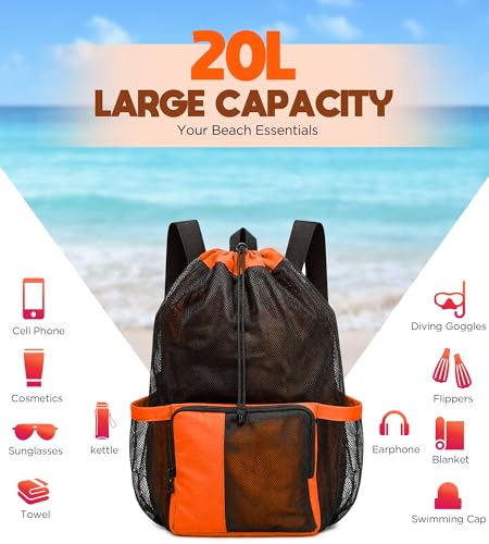 RUENVUE Orange Mesh Swim Bag Drawstring Backpack for Swimmers & Beach, Summer Essentials