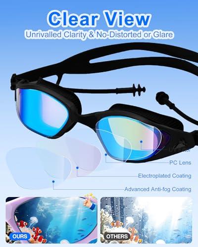 Swim Goggles - Dazzling Mirror Black - Super Clear View for Adults