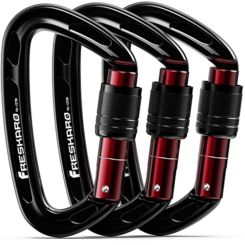 FresKaro 3pcs Black 4-inch UIAA Certified Climbing Carabiners with Screw Lock, Lightweight Aluminium