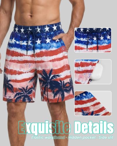 Yufawow Men's 9 Inch Navy Star Swim Trunks with Mesh Lining, Quick Dry Beach & Pool Shorts, Large