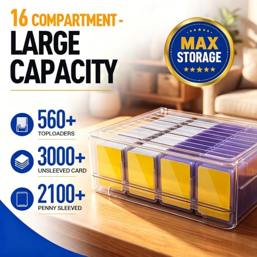 SunRiMax 16-Compartment Trading Card Storage Box for Toploaders – Holds 3000+ Cards