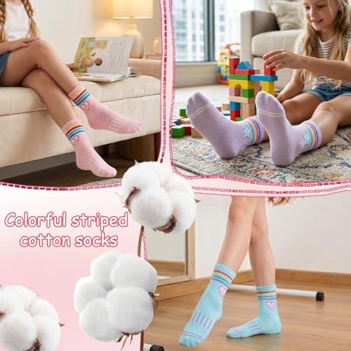 Girls Athletic Crew Socks - 6 Pairs for Ages 6-8 - Pink, Blue, Gray & More