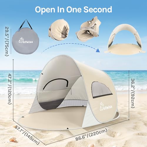 Wolfwise Beige Pop Up Beach Tent for 3 People, Sun Shade Shelter, Foldable & Water-Resistant