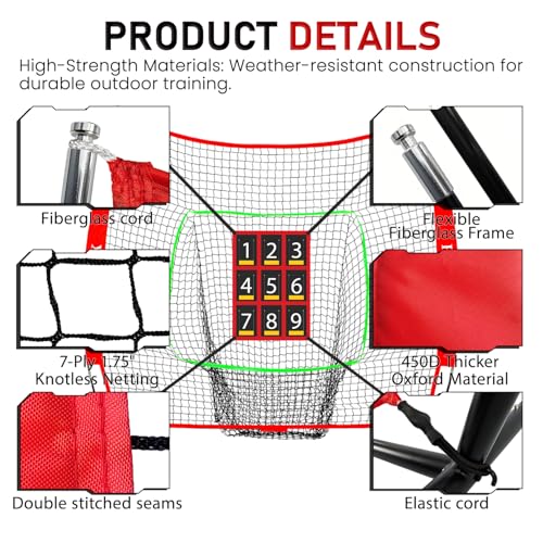 FILOMAX 7x7 ft Baseball & Softball Practice Net with 9-Strike Zone Target - Red, Portable Bow Frame