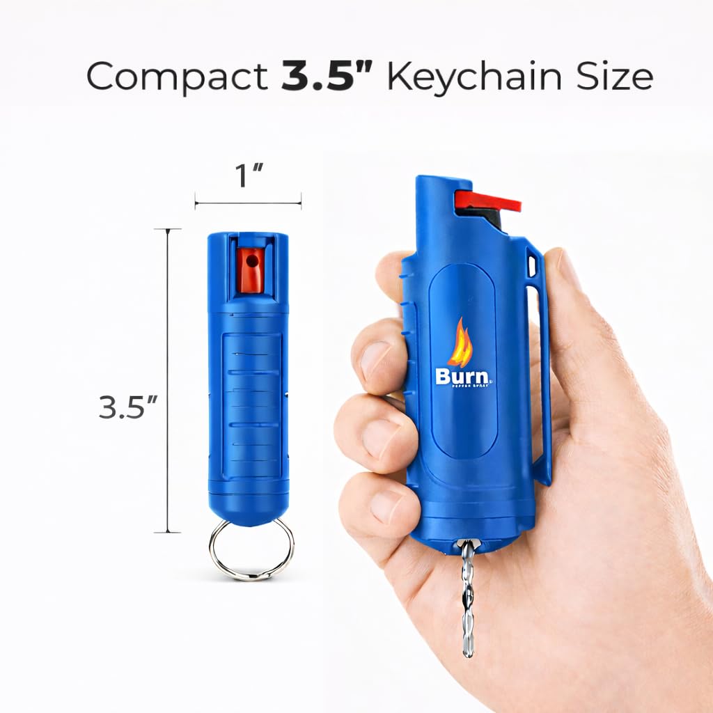 Burn Pepper Spray Keychain for Self Defense, 1/2oz Compact OC Spray for Women & Men, Police Grade with UV Dye, 16 Ft Range, Twist Top Safety Lock, Belt Clip, Pocket Personal Safety, Blue