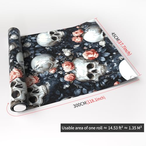 17.7"x118.1" Gothic Peel and Stick Floral Skull Wallpaper Sugar Skull Floral Vinyl Wallpaper for Bedroom Grey Black Pink Removable Accent Wall Decorations