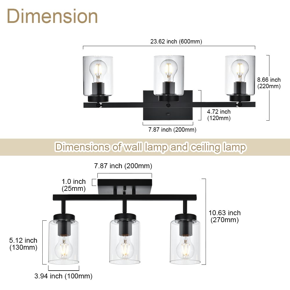 VINLUZ 3 Light Black Wall Sconces Bathroom Vanity Lighting Fixture with Clear Glass Shade Classic Spotlight Fixture with Rotatable Light Head Metal Ceiling Light Fixture