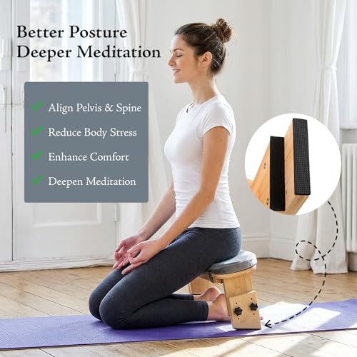 Adjustable Height Bamboo Meditation Bench with Velvet Cushion
