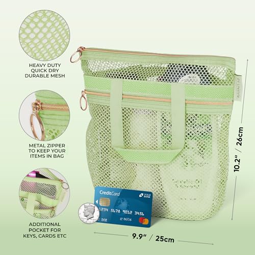 Mesh Shower Caddy - Quick-Dry Toiletry Bag with Zipper & Pockets - Small Light Green