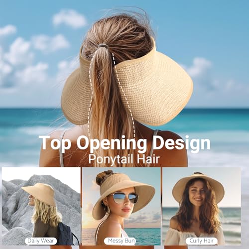 Wide Brim Straw Sun Visor Hat for Women - Classic Khaki