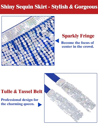 Sarfel One Size Sequin Fringe Dance Skirt - Silver/Blue/Red