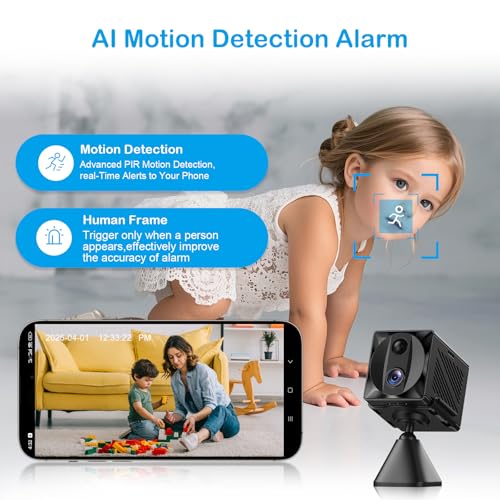 2024 Upgraded Mini Spy Camera Hidden Camera,4K WiFi Wireless Camera, 100 Days Standby Battery Life,AI Motion Detection Alerts,Nanny Cam Security Cam for Indoor,Home,Baby,Pets, Black, hyj001