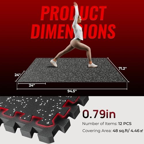 Extra-Thick Interlocking Exercise Mats - 12 Tiles (48 Sq Ft) - Black/Grey