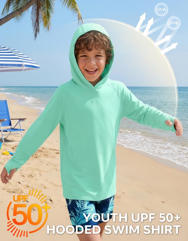 Boys Rash Guard Hoodie Long Sleeve Swim Shirt UPF50+ - Mint Green, 11-12 Years