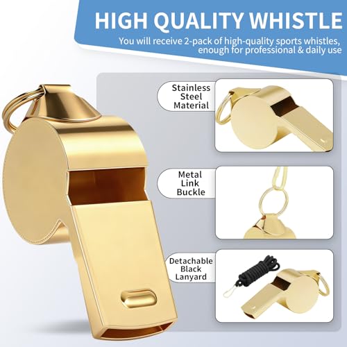 Stainless Steel Whistles 2 Pack with Lanyard - Gold