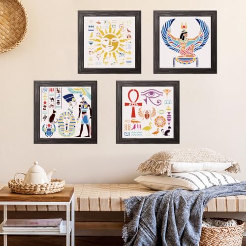 FINGERINSPIRE 6 Pcs Egypt Theme Painting Template with Brush 11.8x11.8inch Egyptian Writing Painting Template Pharaoh Skull Stencil Sun Stencils Reusable DIY Art Craft Stencil for Wood Floor Wall