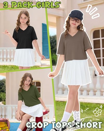 Girls' V-Neck Crop Tops - 3 Pack, Short Sleeve, Various Sizes