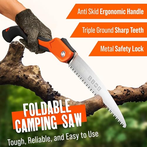 11 Inch Orange Folding Pruning Saw with Triple-Cut SK5 Blade - Heavy Duty Tree & Wood Cutting Tool