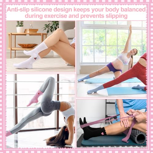 Cute Non-Slip Pilates Grippy Socks for Women - 4 Pairs, Black+White+Blue+Pink