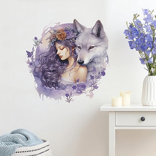 Vivid Purple Wolf Girl Wall Stickers, sacinora Creative Cold Beauty Art Wall Decals Removable Vinyl Peel and Stick for Nursery Living Room Bedroom Children's Room Decorations