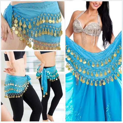 Belly Dance Hip Scarf - 3-Layer Gold Coin Design - Lake Blue