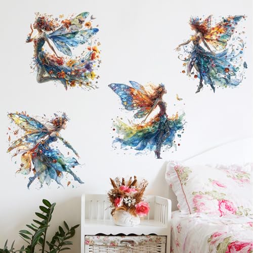 Amaonm 4PCS Removable 3D Dance Girl Wall Decal DIY Flying Butterfly Princess Girls Wall Stickers Peel and Stick Angel Elve Wall Art Decor for Kids Bedroom Nursery Decoration (66004)