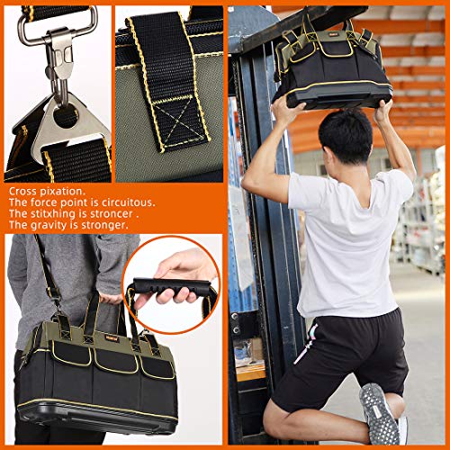 FASTECH 20-inch Wide Mouth Tool Bag with Water Proof Molded Base£¬Wide Mouth Tool Tote Bag,Waterproof Tool Organizer Bag for Men with Adjustable Shoulder Strap (20 inch)
