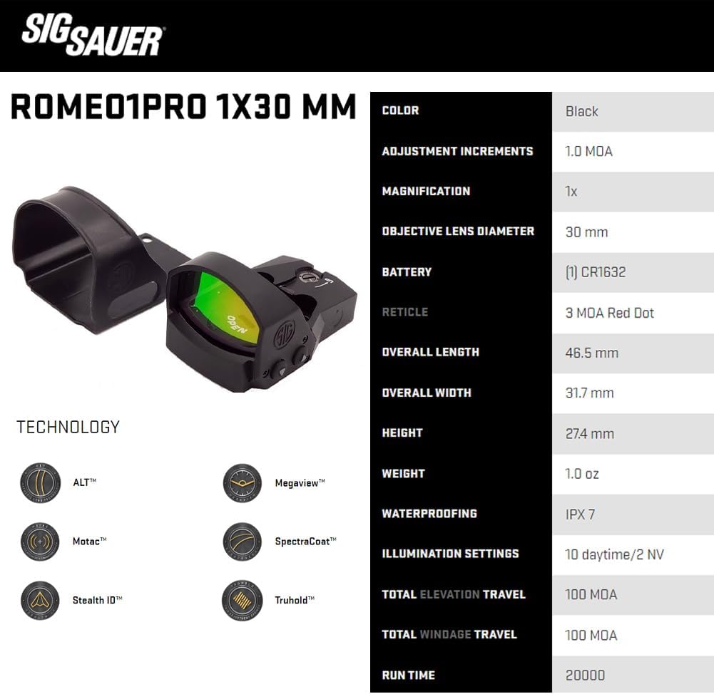 Sig Sauer ROMEO1PRO Red Dot Sight - 1x30mm 3 MOA | Durable, Fogproof & Waterproof Reflex Sight
