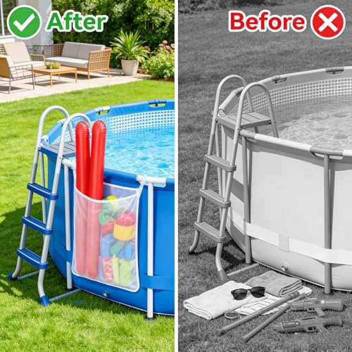 TSFind 4-Pack Poolside Mesh Storage Bags with Adjustable Straps - Large + Small, Easy Install for Above Ground Pool Toys & Noodles