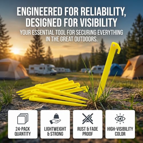 9-Inch Heavy Duty Plastic Tent Stakes - 12 Pack Yellow Camping Pegs