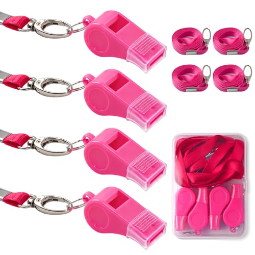 4 Pack Pink Plastic Whistles with Lanyards - Loud & Durable