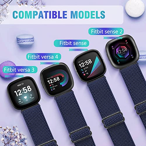 Elastic Nylon Watch Bands - 3 Pack for Fitbit Versa 4/3/Sense - Black, Gray, Indigo