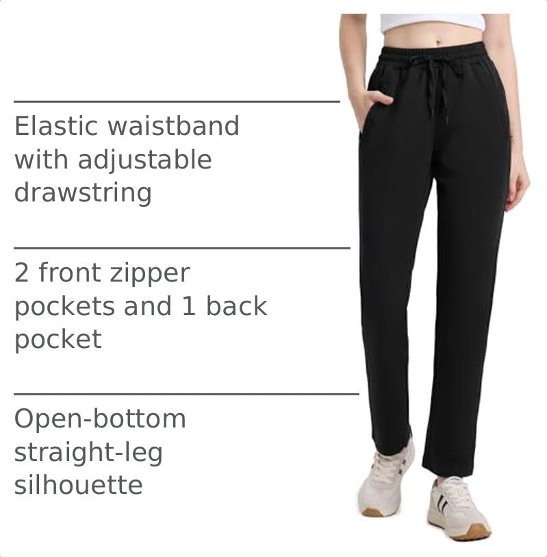 Tapata Petite Women's 26-Inch Inseam Cotton Lounge Joggers with Zipper Pockets, Open Bottom Casual Yoga Pants, Black, Small