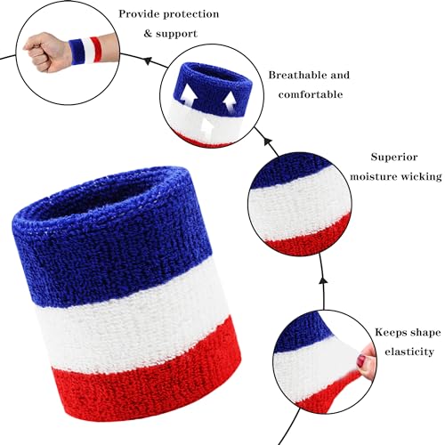 Wrist Sweatbands - 8 Pack Absorbent Cotton Bands for Sports - Red/White/Blue