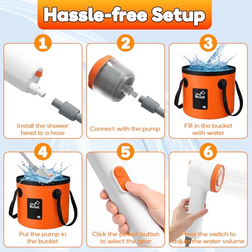 Rechargeable Portable Shower Head with 5.3 Gal Foldable Bag - USB-C LED Camp Shower, Car Wash & Pet Bathing (Orange)