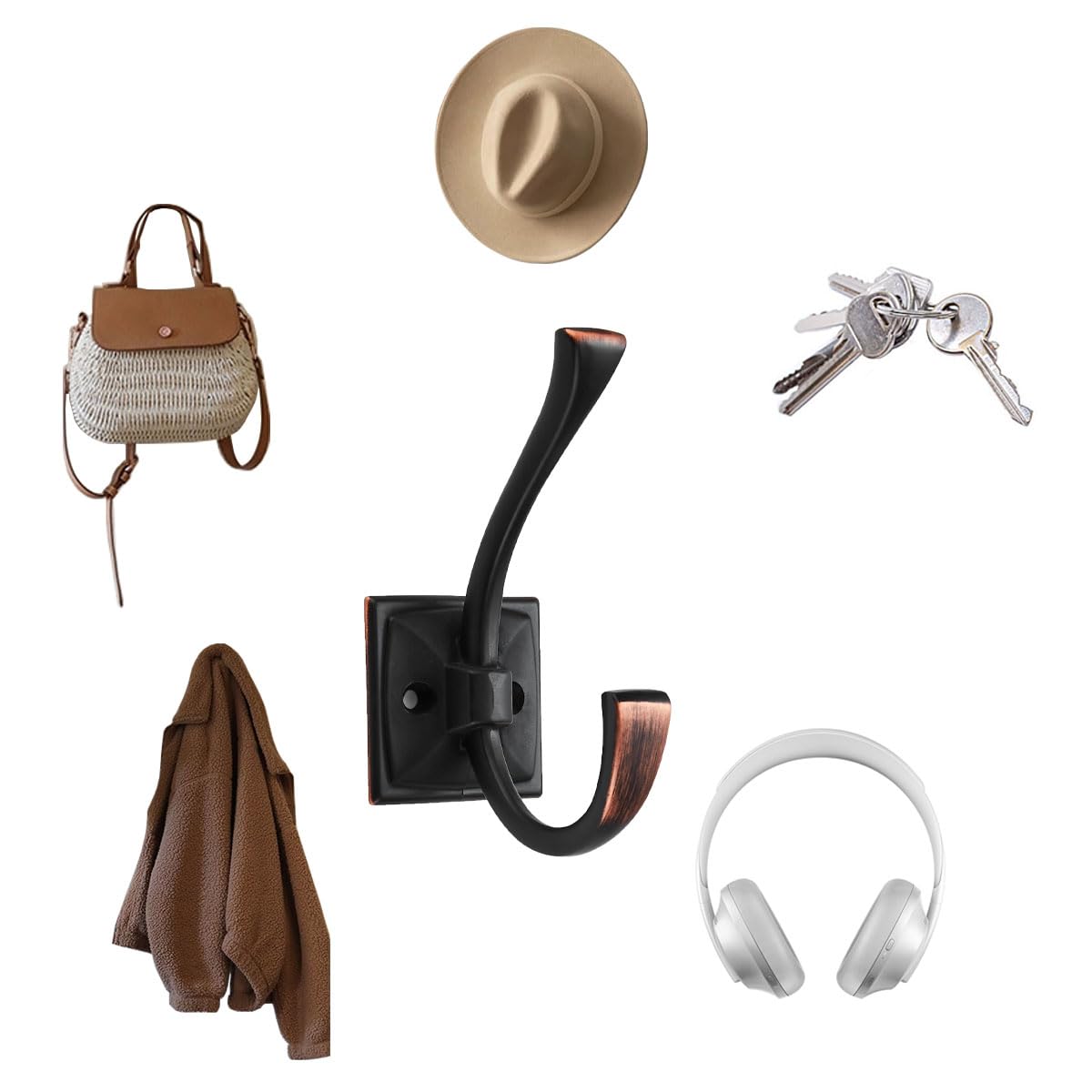 CABDM 2 Pack Decorative Heavy Duty Towel Hooks for Hanging Robe Double Oil Rubbed Bronze Coat Hooks Wall Mounted with Screws for Key, Towel, Bags, Cup, Hat