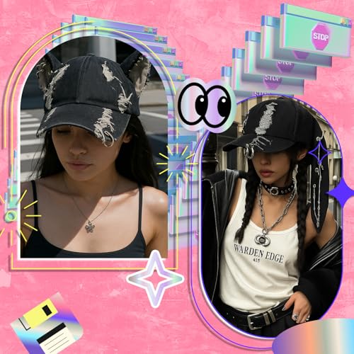 Shyyween Y2K Grunge Bunny & Cat Hat with Ears - Unique Ears Design