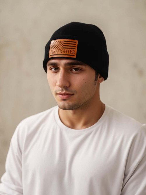 Firefighter Beanie Hat Gifts for Men Leather Fire Fighter American Flag Patriotic Birthday Graduation Retirement Appreciation Gifts for Dad Husband Accessories Stuff Gear Tools