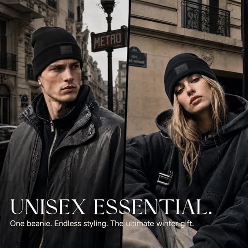 2THESTARS Winter Beanie for Men & Women – Black Heavyweight Knit Cuffed Hat