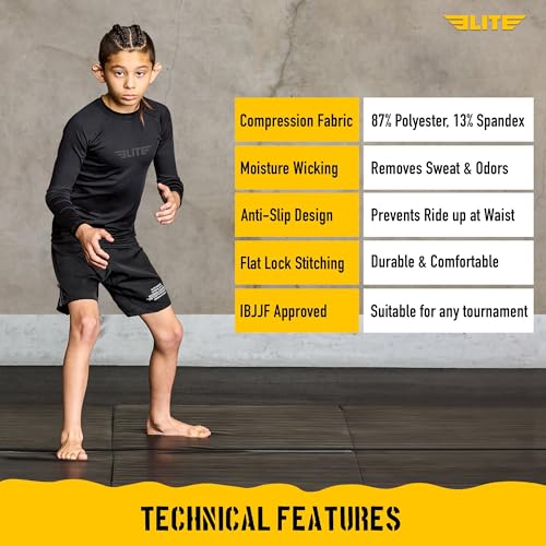 Kids BJJ Rash Guard - Long Sleeve Compression Shirt - Small Black