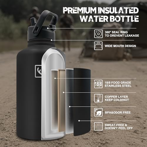 NATURE PIONEOR 64 oz Tactical Insulated Water Bottle with MOLLE Pouch & 3 Lids - Black