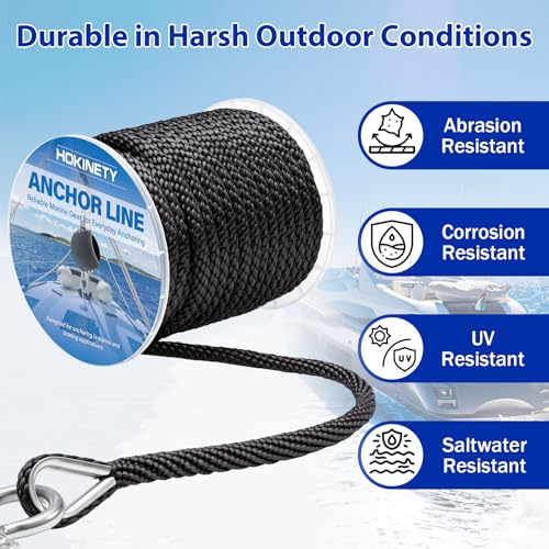 HOKINETY Marine Grade Anchor Rope 3/8 Inch x 150FT Black Floating Braid with Stainless Steel Thimble & Shackle