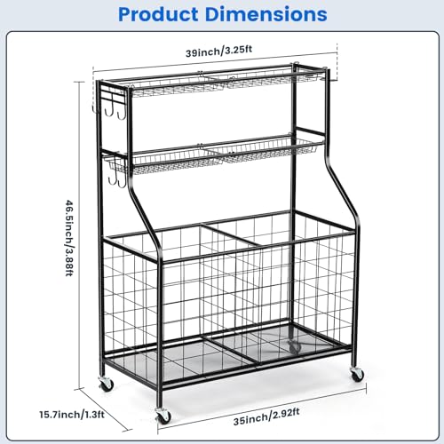 Garage Sports Equipment Organizer with Steel Rack & Wheels