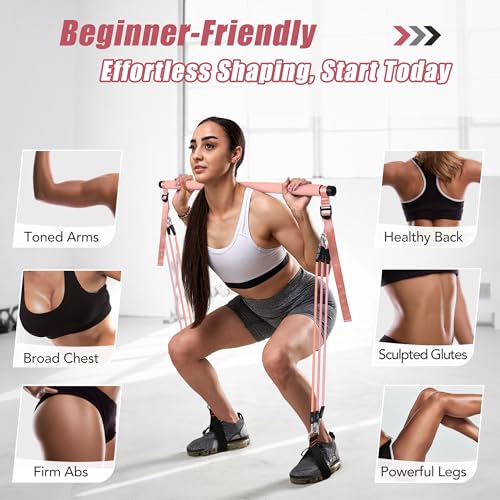 Pilates Bar Kit with Resistance Bands - Rose Pink for Full-Body Workouts