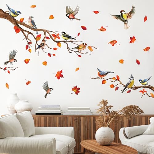Fall Wall Stickers Tree Bird Branch Leaves Wall Decals Autumn Room Mural Stickers for Thanksgiving Home School Office Party Decor, 11.8 x 35.4 Inch, 2 Rolls