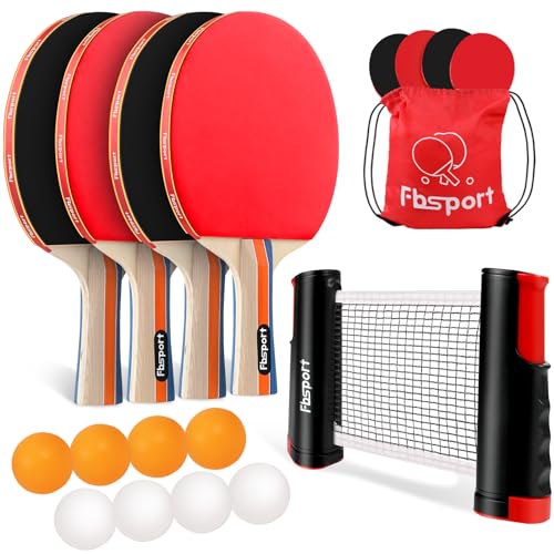 Ping Pong Paddle Set with 4 Rackets, 8 Balls & Retractable Net - Black/Red