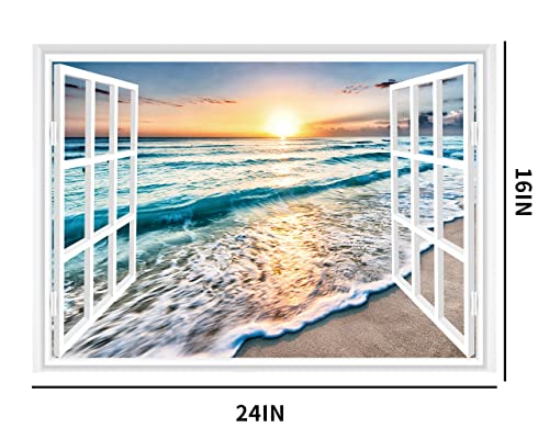 Faux Window Wall Mural - Sunset Beach Wall Sticker 16"x24"