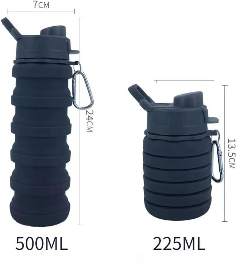 Skiennix Collapsible Water Bottles - 2 Pack Silicone Design with Carabiner | 500ml Portable for Travel & Camping (Black & Blue)