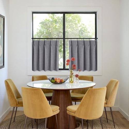 WdFour 24x24 Inch Blackout Linen Look Window Curtains - Dark Gray Pack of 2