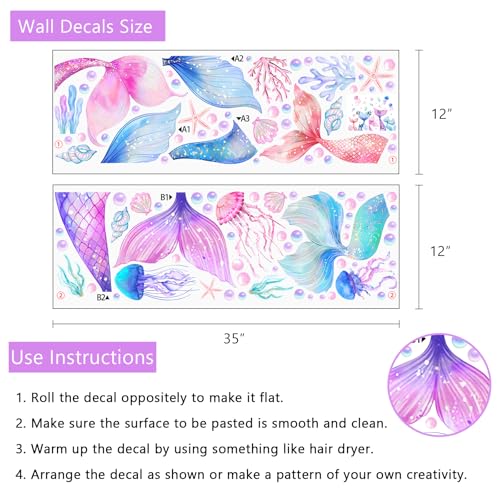 Yovkky Girls Mermaid Tail Wall Decals Stickers, Under The Sea Ocean Jellyfish Pearl Toddler Baby Nursery Decor, Beach Coastal Conch Coral Starfish Home Decorations Kids Bedroom Playroom Art